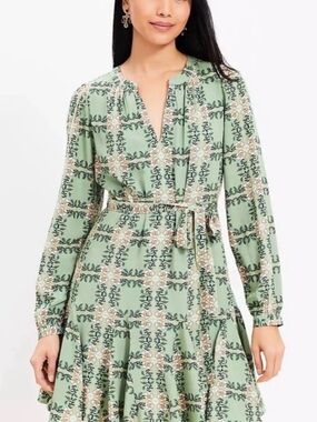 LOFT Mint Green Floral-Print Long Sleeve Tiered Dress